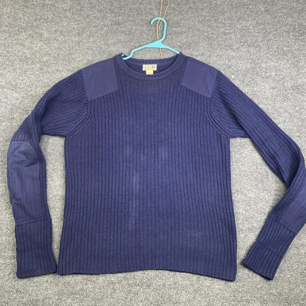 LL Bean Sweater Mens Large Blue Merino Wool Commando Shoulder Elbow Patches